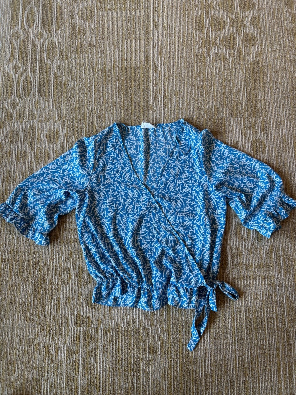 Blue Floral Wrap Blouse with Tie and Ruffled Short Sleeves